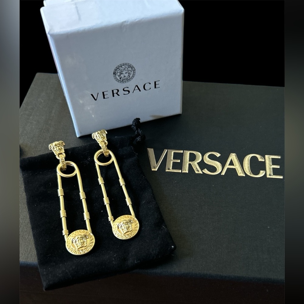 Versace Gold Medusa Drop Safety Pin Earrings! NIB!